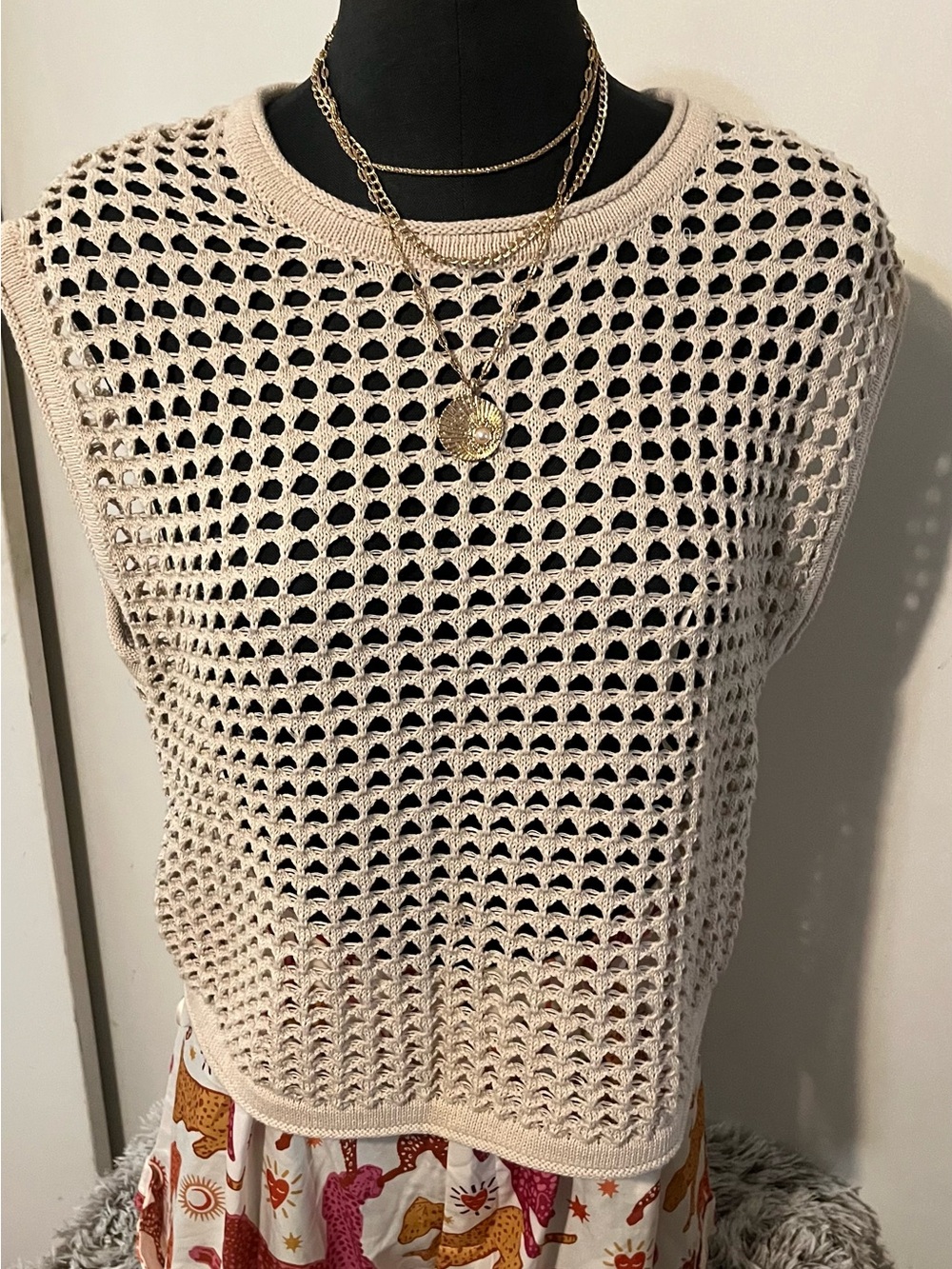 Steve Madden Beige Crocheted Sleeveless Knit Tank